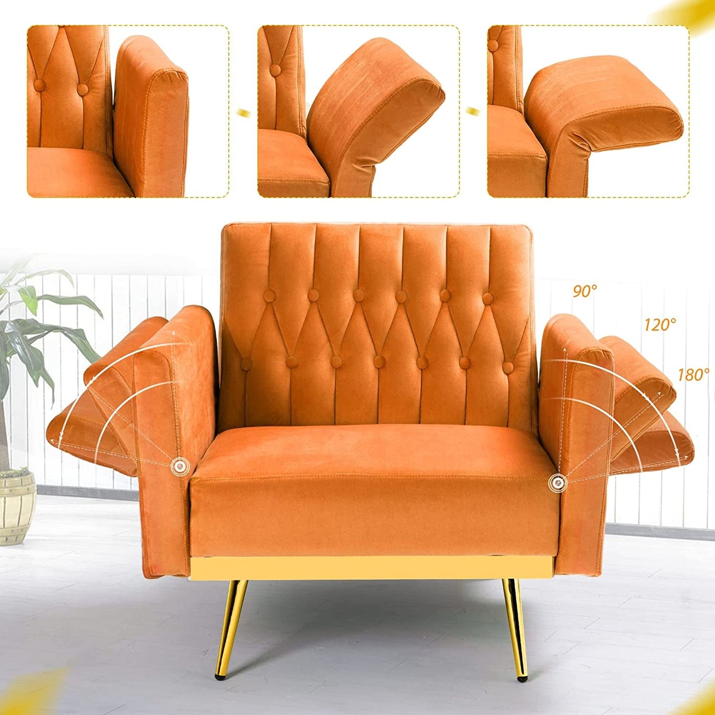 Adjustable Velvet Armchair with Ottoman, Orange-4