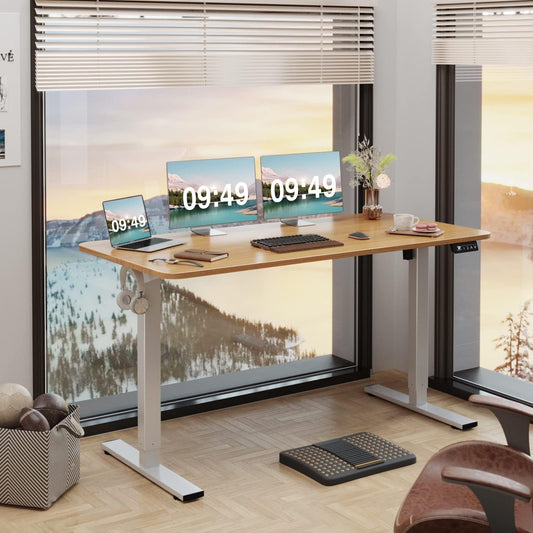 Electric Height Adjustable Standing Desk Large 55 X 24 Inches Sit Stand up Desk Home Office Computer Desk Memory Preset with T-Shaped Metal Bracket, Wood-1