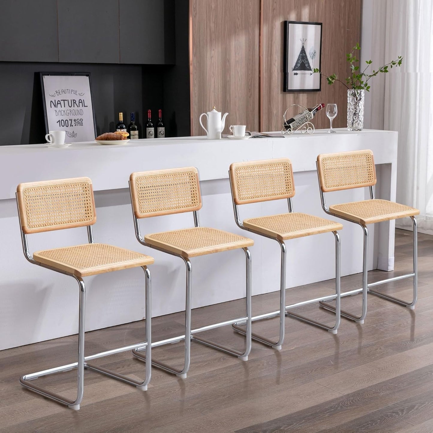 Rattan Bar Stools Set of 4, 24 Inch Modern Counter Stools with Cane Back, Low Back Barstools with Cane Seat, Counter Height Chairs with Metal Legs for Kitchen Island, Yellow-0