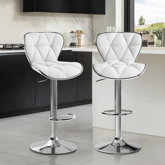 Bar Stools Set of 2, Island Chairs Shell Back, PU Leather Adjustable Barstools, Swivel Bar Chairs with Footrest for Home Kitchen, White-1