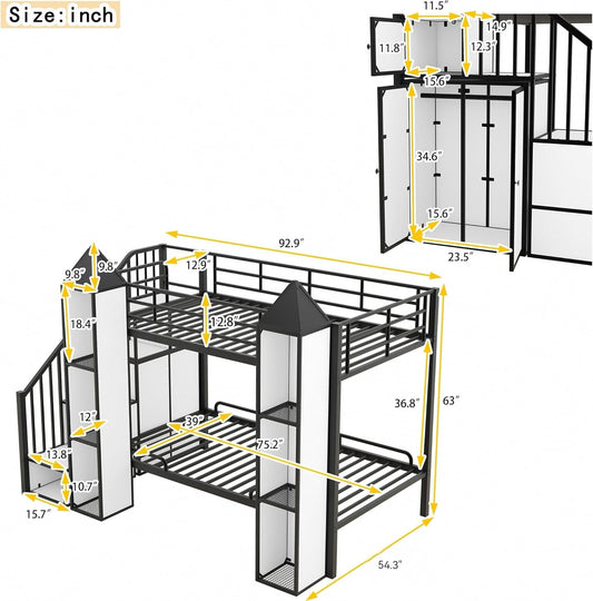 Twin Size Bunk Bed, Castle Shaped Metal Bed Frames with Wardrobe and Multiple Storage, Safety Guardrail. for Teens Boys, Black-1