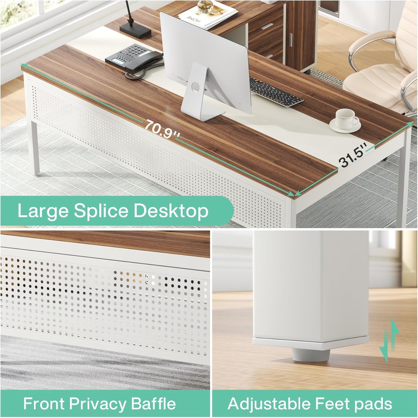 70.8" Large Executive Office Desk and 47" Lateral File Cabinet Combo, L-Shaped Computer Desk 2 Piece Business Furniture with Drawers and Shelves, Home Office Workstation, Walnut & White-3
