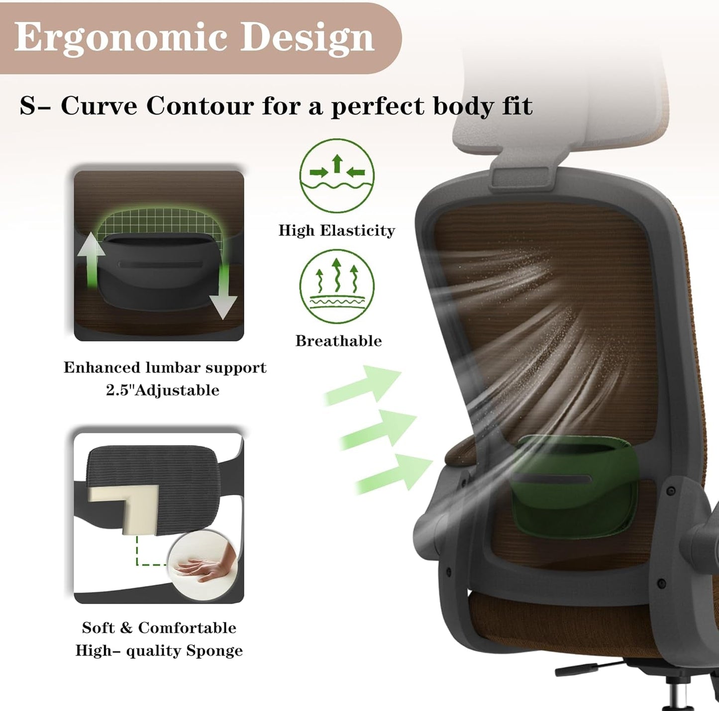 Ergonomic Mesh Office Chair, High Back Computer Desk Chair with Adjustable Lumbar Support & Headrest, Swivel Task Chair with Flip-Up Armrests for Home & Office (English, Brown)-4