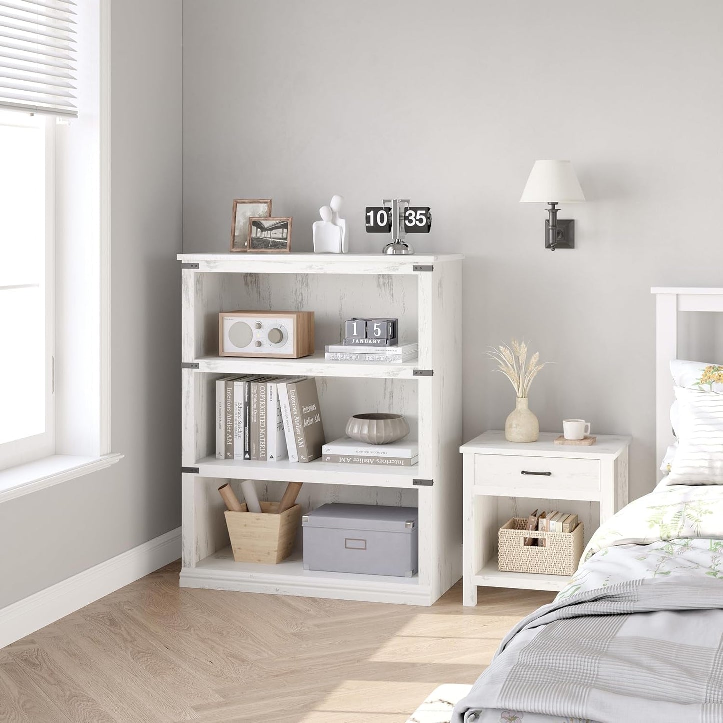 3 Tier Bookcase, Farmhouse Book Shelf with Storage, Low Book Case Wooden 3 Shelf Bookcase for Home Office, Living Room, Bed Room (White, 40.0" H X 31.5" W X 12.2" D)-4