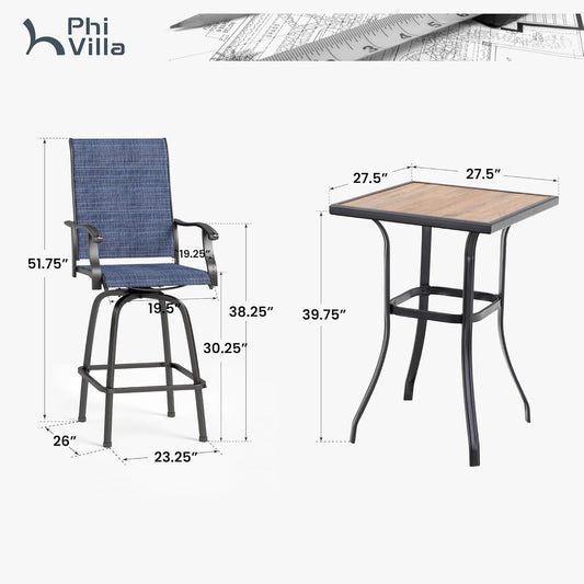 3Pcs Outdoor Swivel Bar Stools Set, Bar Height Patio Table and Chairs with All Weather Textilene Fabric, Pub Bar Bistro Tall Furniture Set for Outdoor, Blue-1