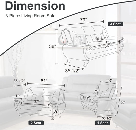 Modern Living Room Furniture Set,Leather Sofa Set for Living Room,Leather Couch Living Room Set for Office (Sofa and Loveseat Set,Black 2)-1