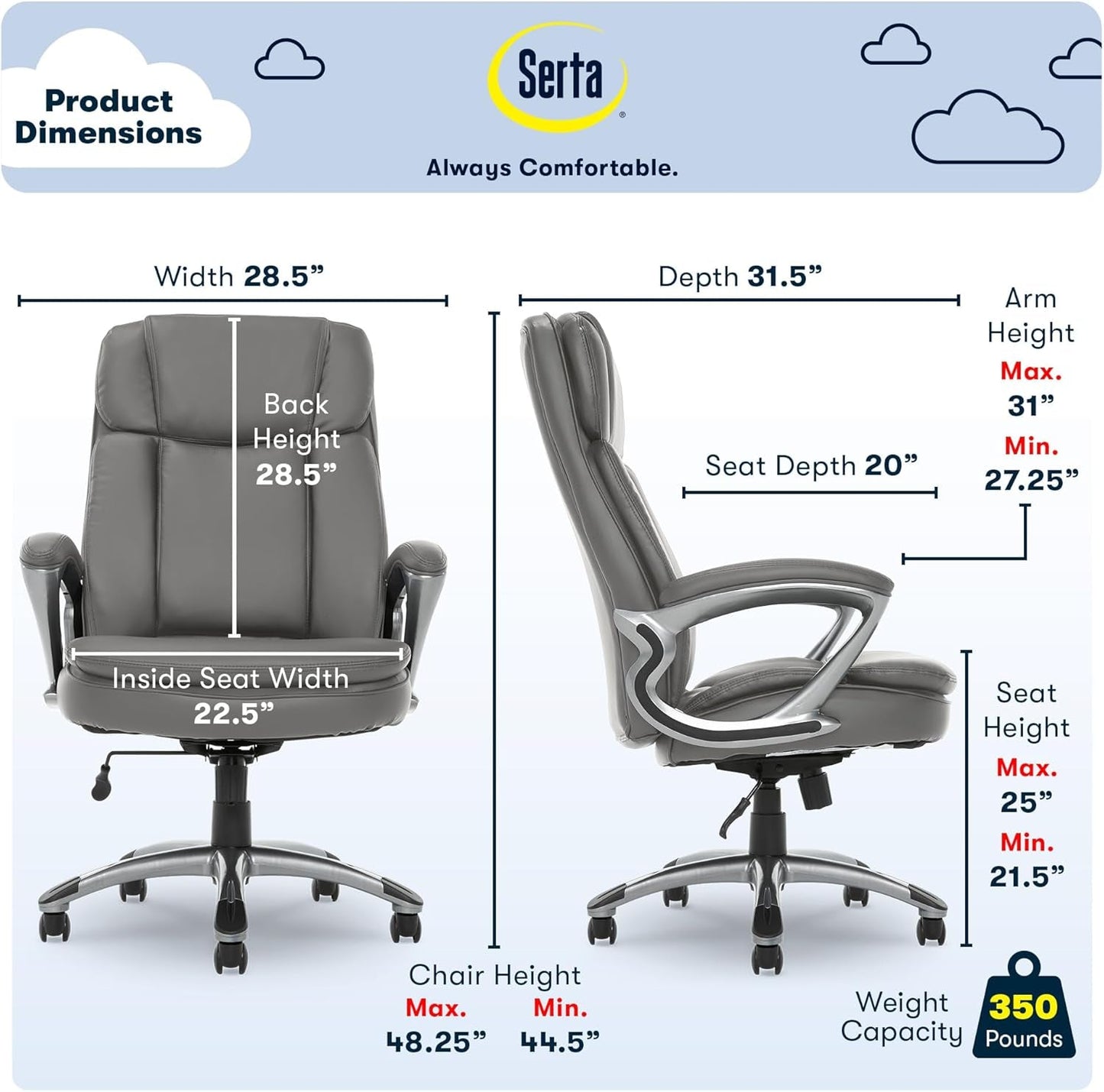 Fairbanks Big and Tall High Back Executive Office Chair, Ergonomic Gaming Computer Chair with Layered Body Pillows, Contoured Lumbar Zone, Gray-2