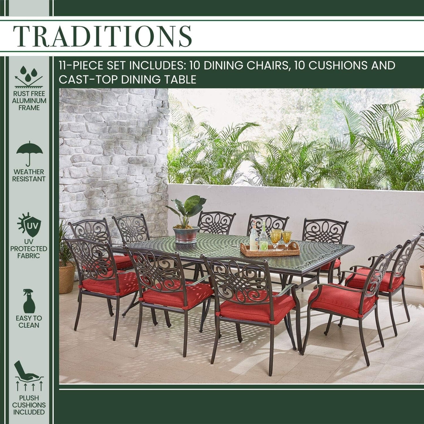 Traditions 11-Piece Patio Dining Set with 10 Stationary Chairs, Plush Red Cushions, and Extra Large Dining Table, Patio Dining Set for 10, All-Weather Rust-Resistant Luxury Outdoor Dining Set-4