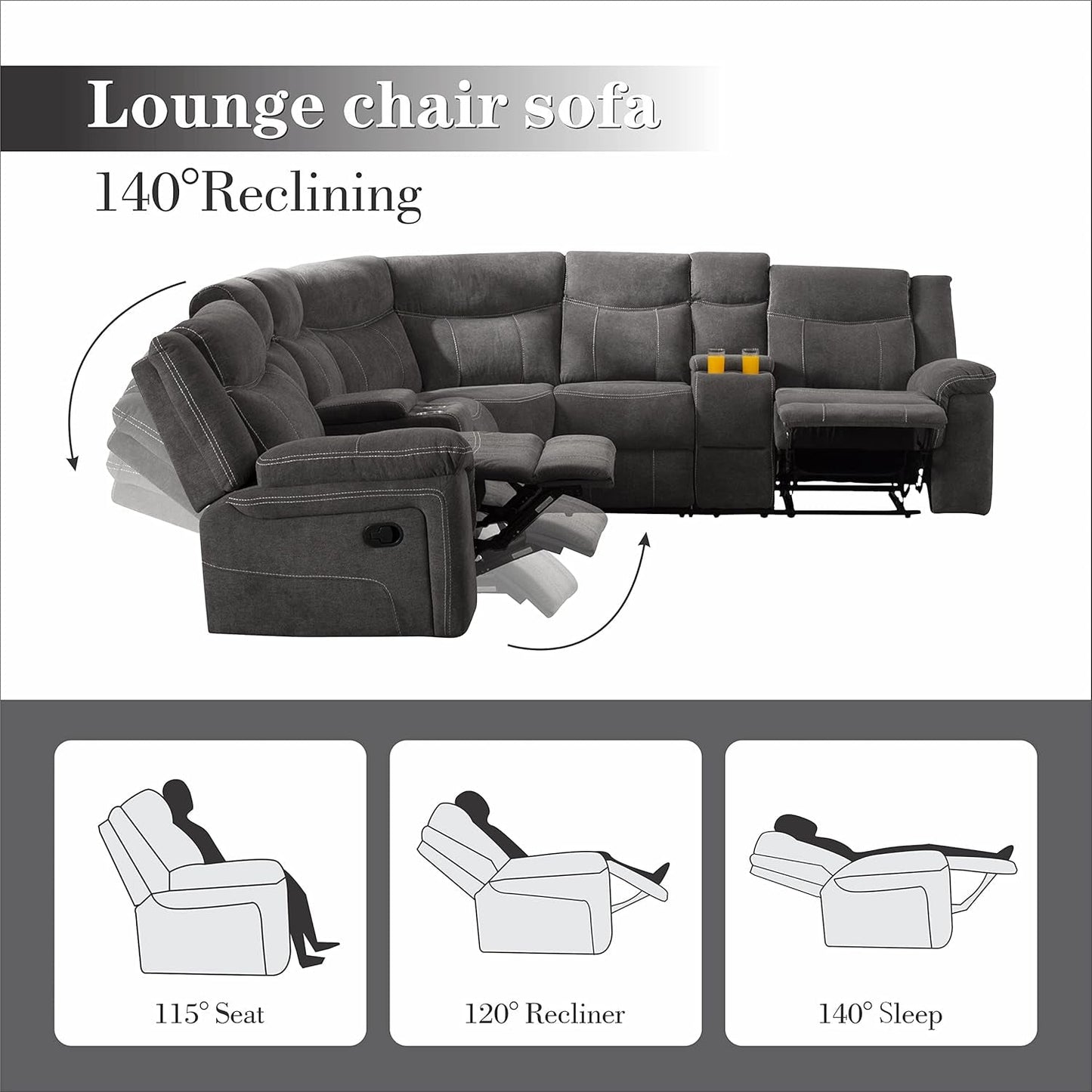 Manual Reclining Sectional Sofa Premium Fabric, Console-4