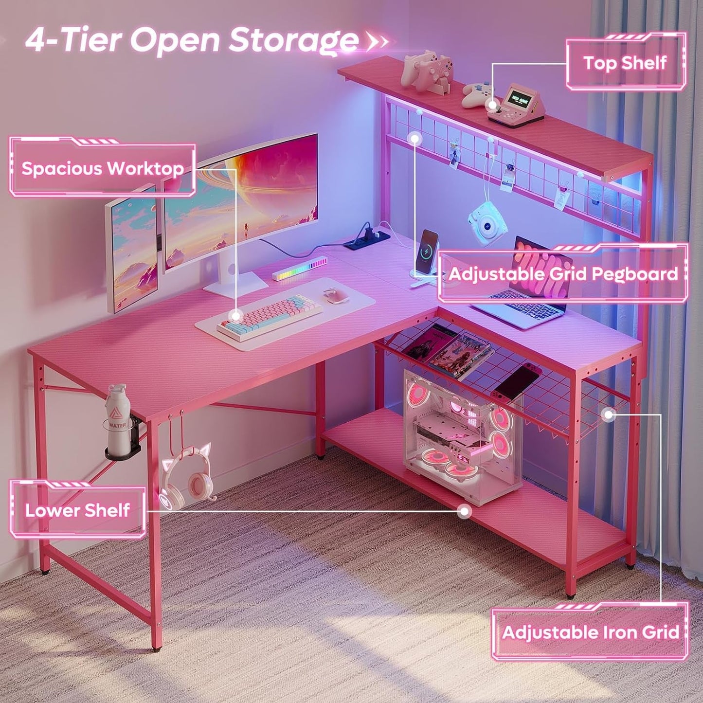 Gaming Desk 51" L-Shaped, with Power Outlets & LED Lights- 4 Tier Shelves, Reversible Gamer Table with Hooks & Cup Holder for Home Office Carbon Fiber Pink-3