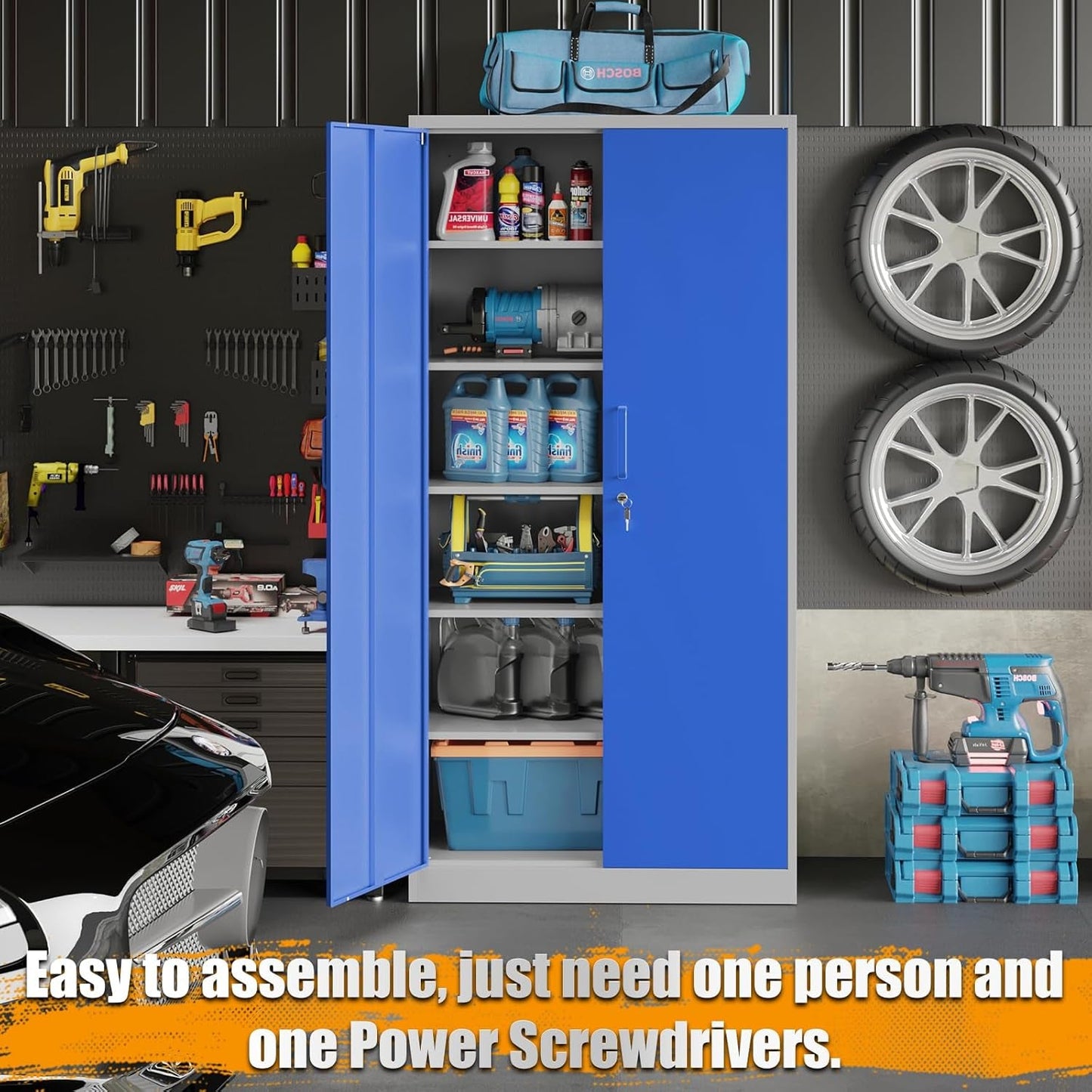Metal Garage Storage Cabinet with Lock, 71" Steel Lockable File Cabinet, Locking Steel Storage Cabinet with 5 Adjustable Shelves for Home, Office, Garage, Warehouse (Blue Grey, 2 Door - 71" H)-4