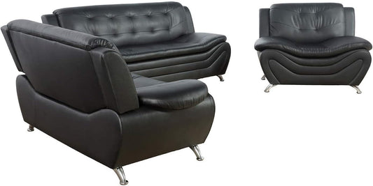 3 PCS Faux Leather Aldo Modern Sofa Set, Living Room Set with Sofa, Loveseat and Chair (Black)-1