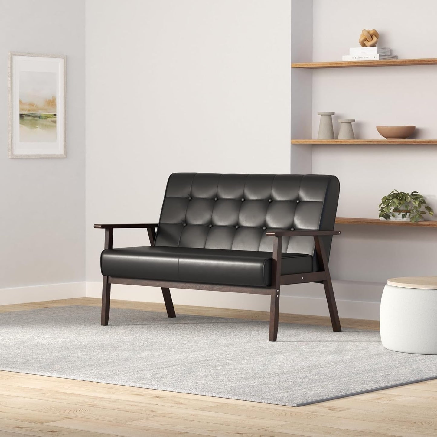 Mid-Century Modern Solid Loveseat Sofa Upholstered Faux Leather Couch 2-Seat Wood Armchair Living Room/Outdoor Lounge Chair, Waiting Room Sofa, 50”W-0