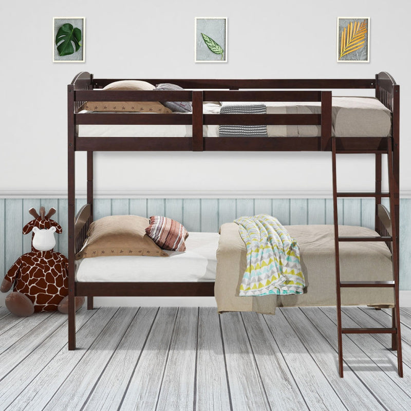 Hardwood Twin Bunk Beds with Inclined Ladder and Safety Guardrails-0
