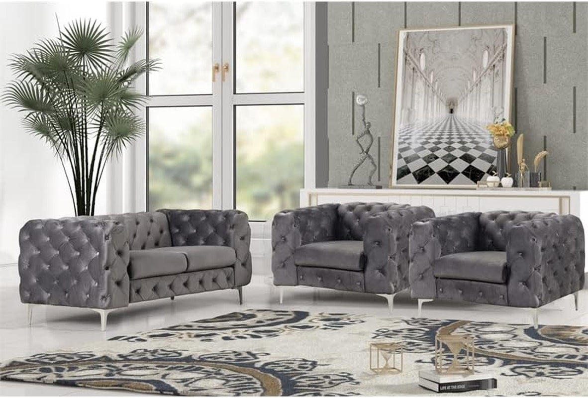 3- Piece Button Tufted Velvet Fabric Livingroom Set -Grey-0