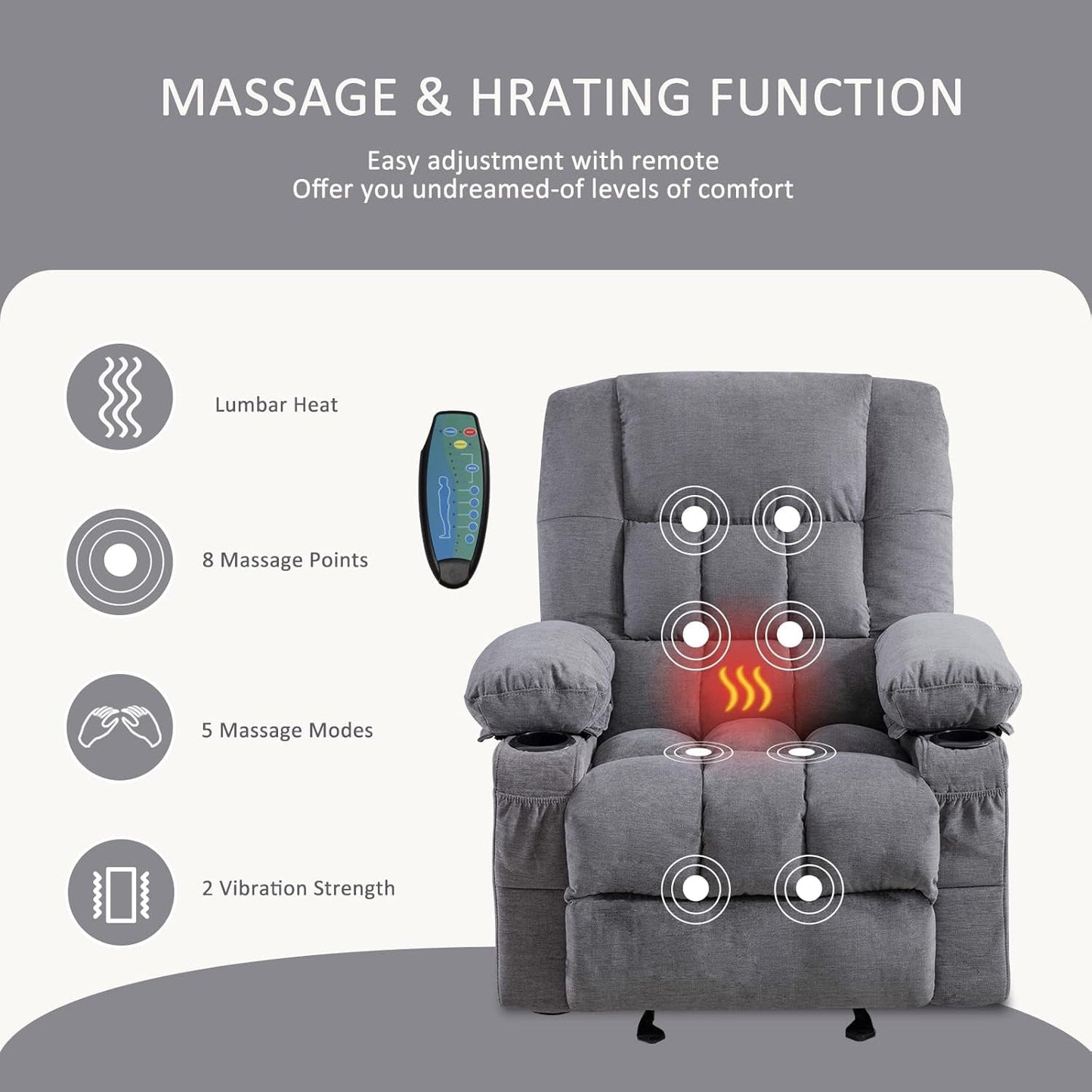 Massage Rocker Recliner Chair with Vibration Massage and Heat Ergonomic Lounge Chair for Living Room with Rocking Function and Side Pocket, 2 Cup Holders, USB Charge Port-2