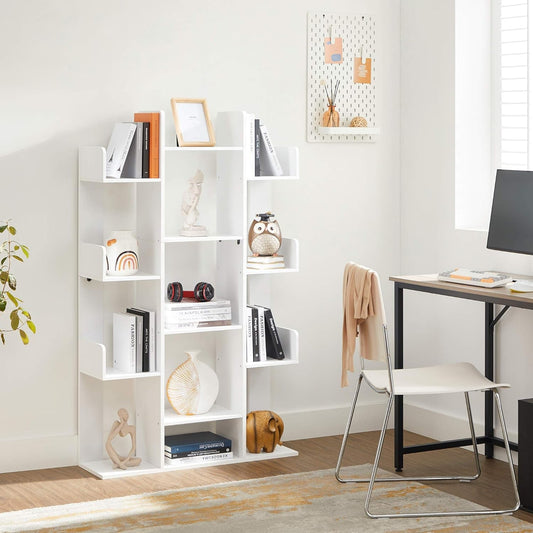 Tree-Shaped Bookcase with 13 Shelves and 5-Tier Freestanding Bookshelf, White Storage Shelving-1