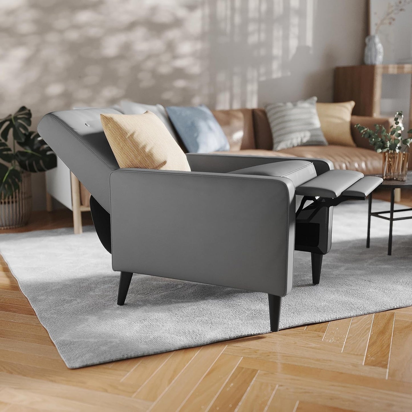 Ezra Pushback Recliner - Mid-Century Modern Light Gray Leathersoft Upholstery - Button Tufted Back - Residential & Commercial Use-4