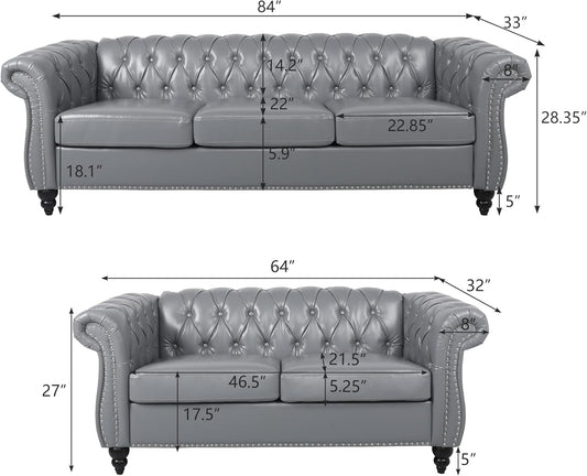 Modern 2 Pieces Living Room Sofa Set, Tufted Button Faux Leather Chesterfield Three-Seater Couch and Chesterfield Loveseat with Nailhead Trim Scroll Arms for Home Furniture, Grey-1