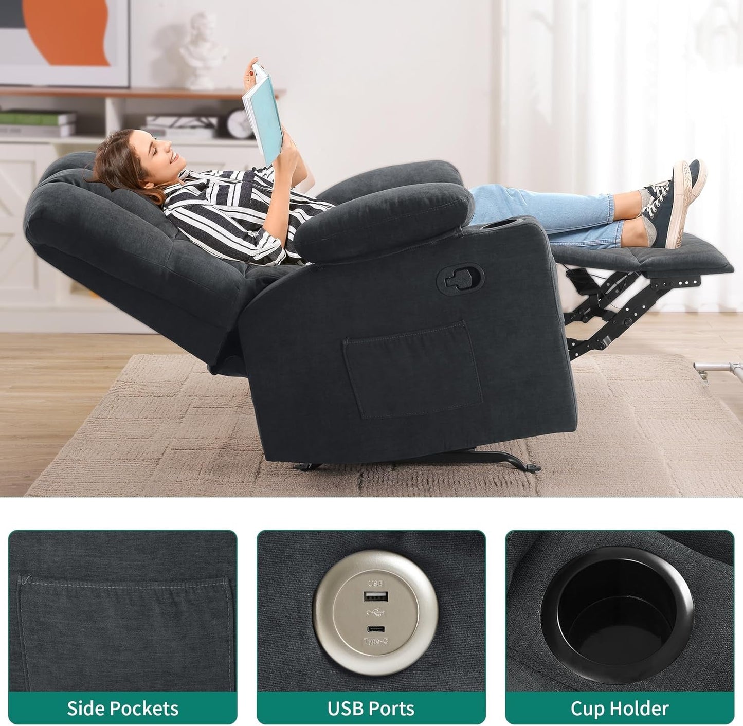 Oversized Rocker Recliner Chair with Massage and Heat, Manual Recliner Chair with Overstuffed Armrest, Rocking Recliner with 2 Cup Holders, USB Charge Port and Side Pocket for Living Room-4