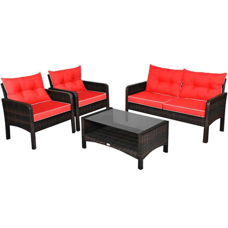 4 Pieces Patio Rattan Sofa Set Free-Combination with Cushion and Coffee Table-5