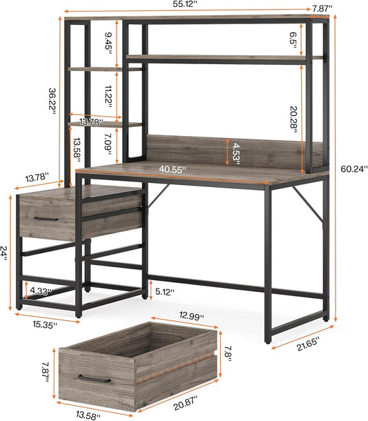55 Inch Computer Desk with 2 Drawers and Storage Shelves, Rustic Office Desk with Hutch, Study Writing Gaming Table Laptop Workstation for Home Office (Grey)-1