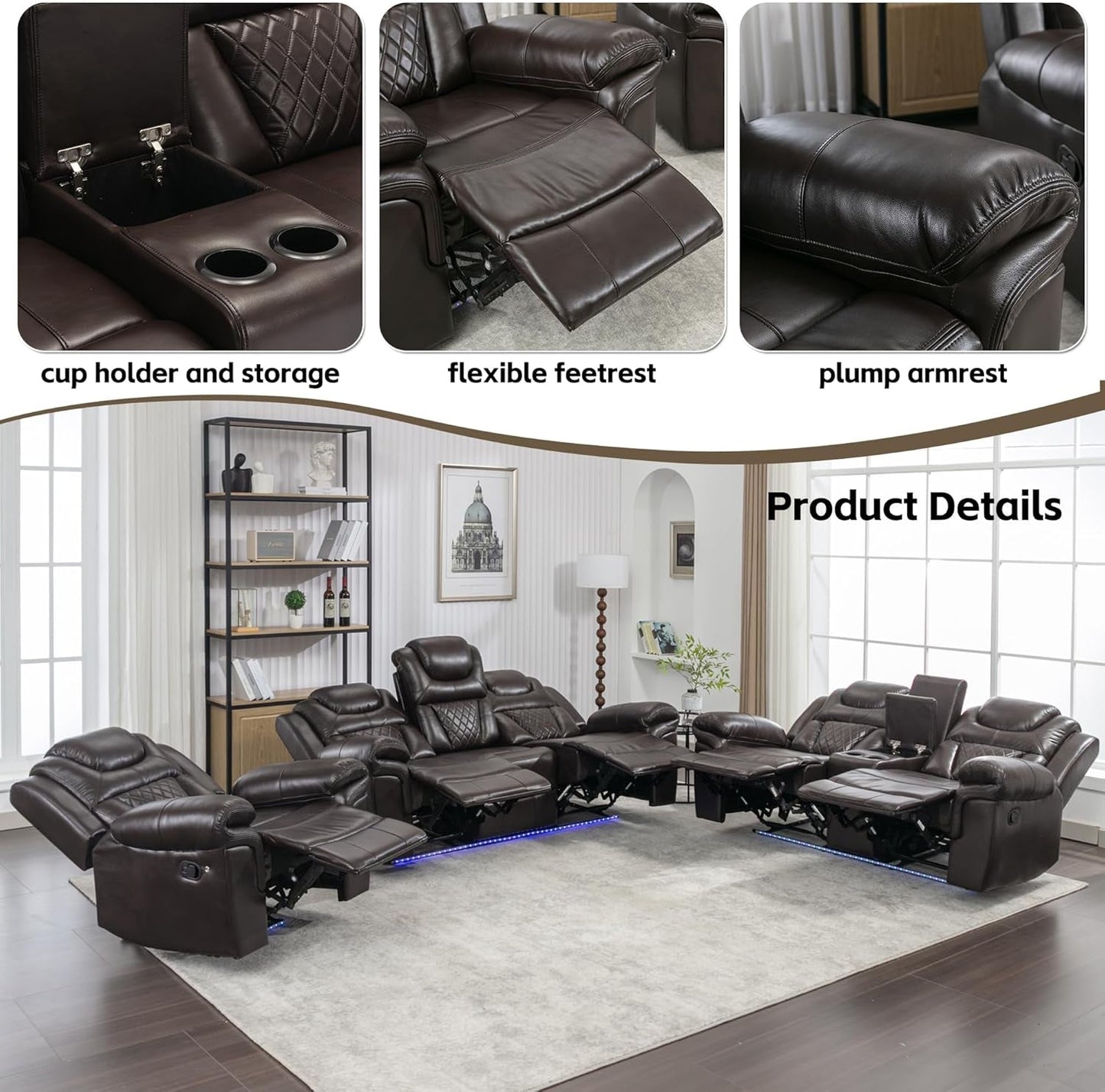 3 Pcs Living Room Furniture Sets,Sectional Recliner Leather Sofa Sets,Home Theater Seating Manual Recliner Sofa with Center Console and LED Light Strip for Living Room,Office. Brown(3+2+1)-4