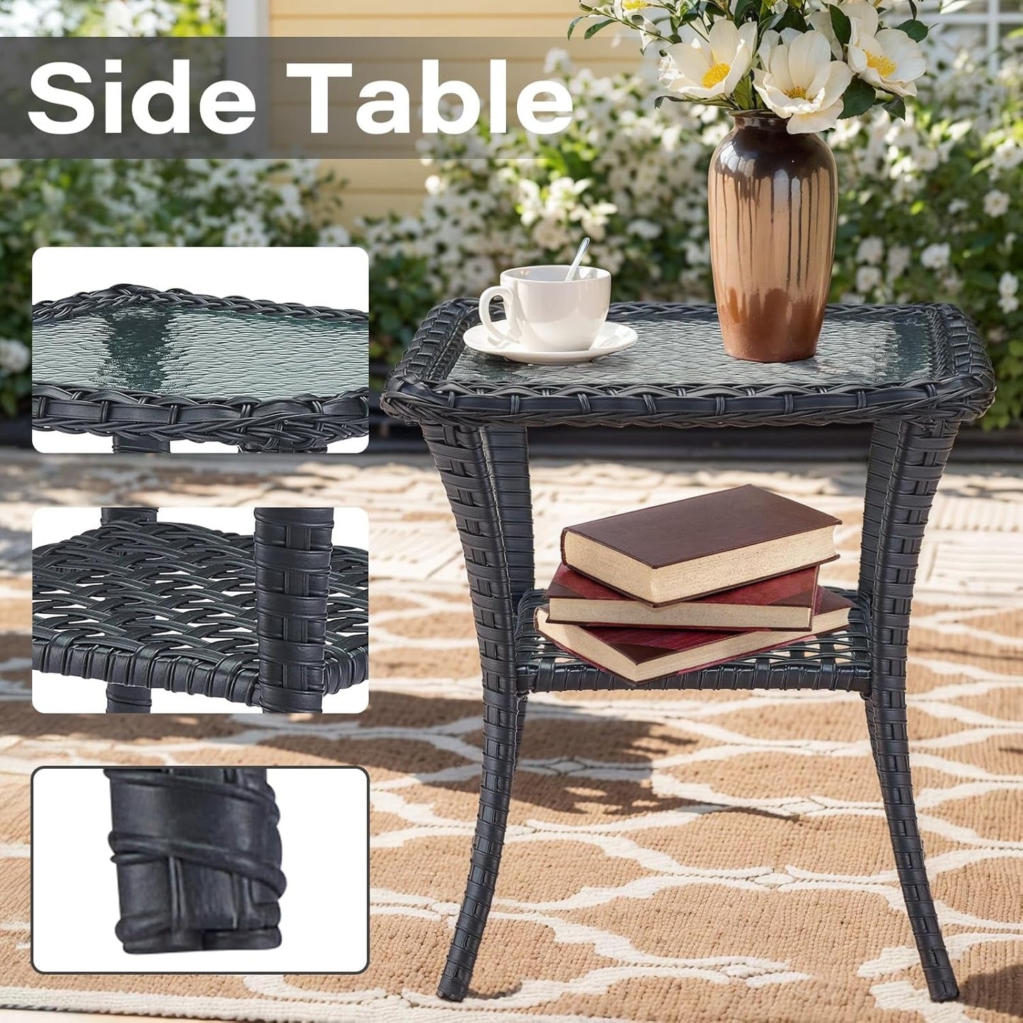 3 Pieces Black Wicker Patio Furniture Outdoor Swivel Rocker Patio Glider Chairs Set of 2 with Side Table Beige Cushion-4