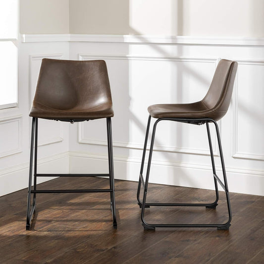 Douglas Urban Industrial Faux Leather Armless Counter Chairs, Set of 2, Brown-1