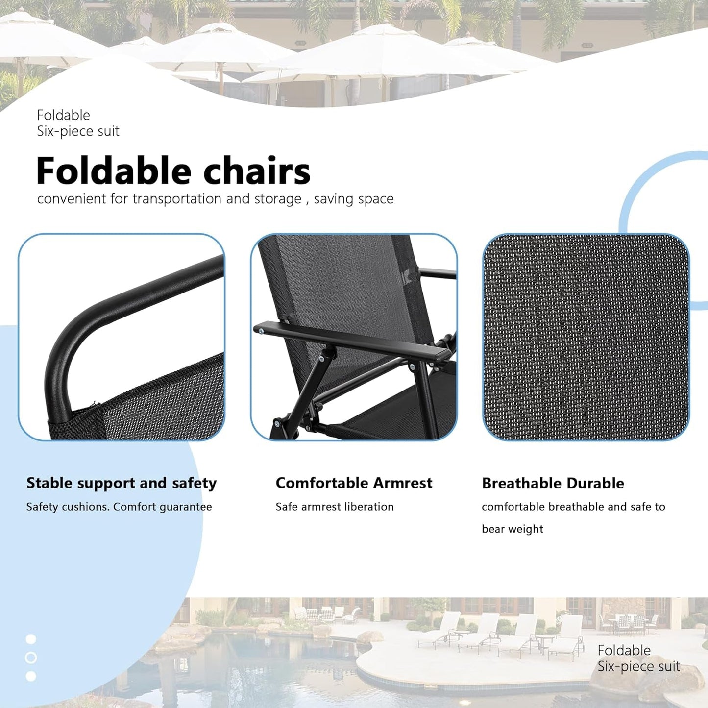 6 Piece Patio Dining Set with Umbrella, Outdoor Furniture Set with 4 Folding Chairs and Tempered Glass Top Dining Table Fot Lawn Backyard Garden Porch Black-4