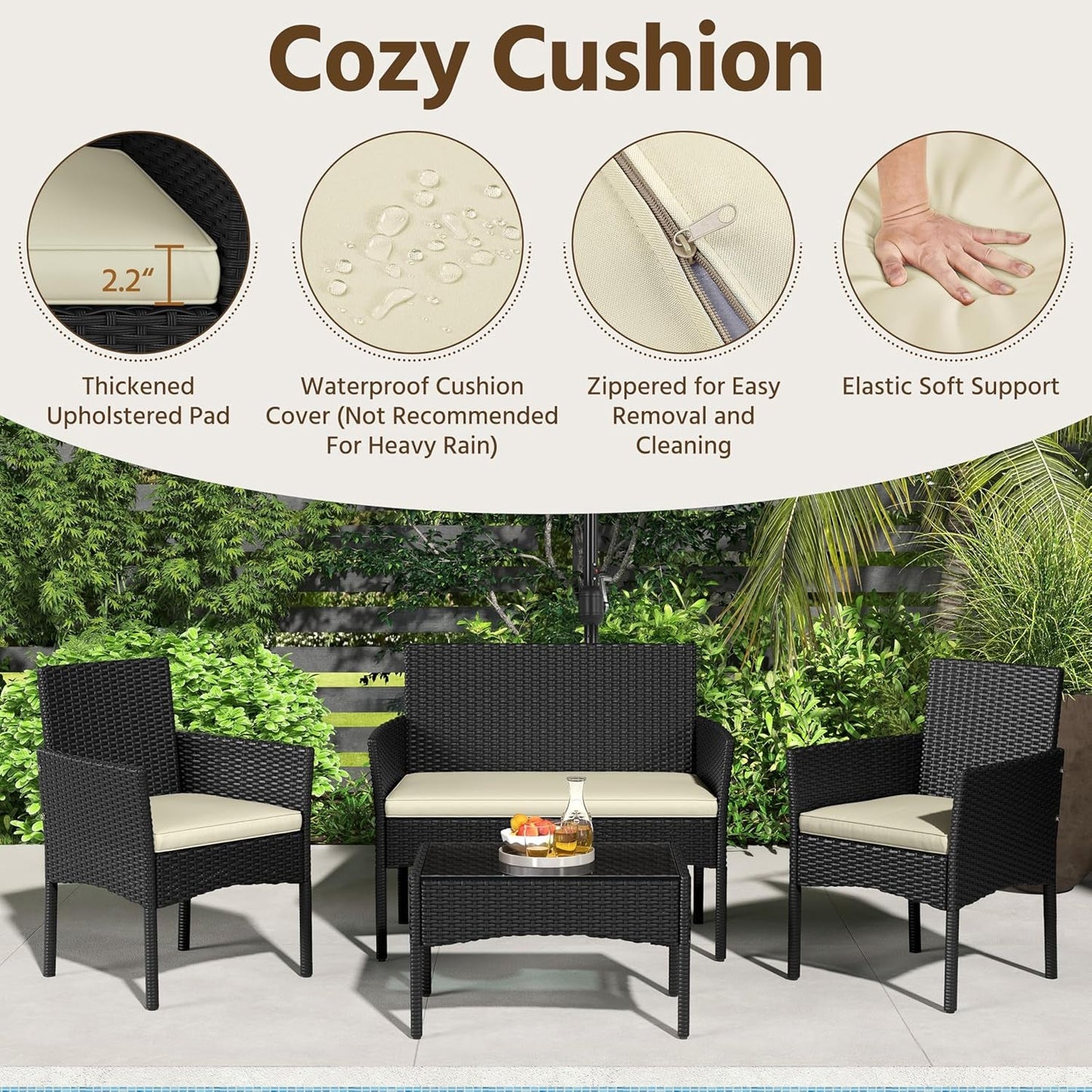 Patio Furniture Set 4 Pieces Conversation Sets, Rattan Chair Wicker Set Loveseat with Soft Cushion and Glass Table for Backyard Porch Garden Poolside Balcony, Black and Beige-2