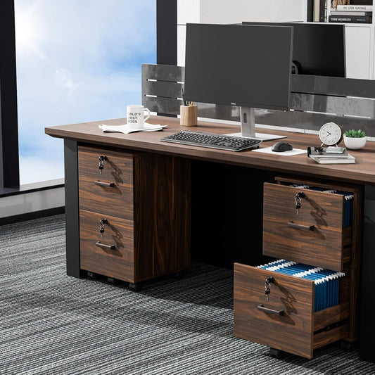 2 Drawer File Cabinet with Lock, Wood Dark Brown File Cabinet for Letter Size File Folders with Tabs, under Desk Rolling File Cabinets for Home Office, Mobile Filing Cabinet Printer Stand-1