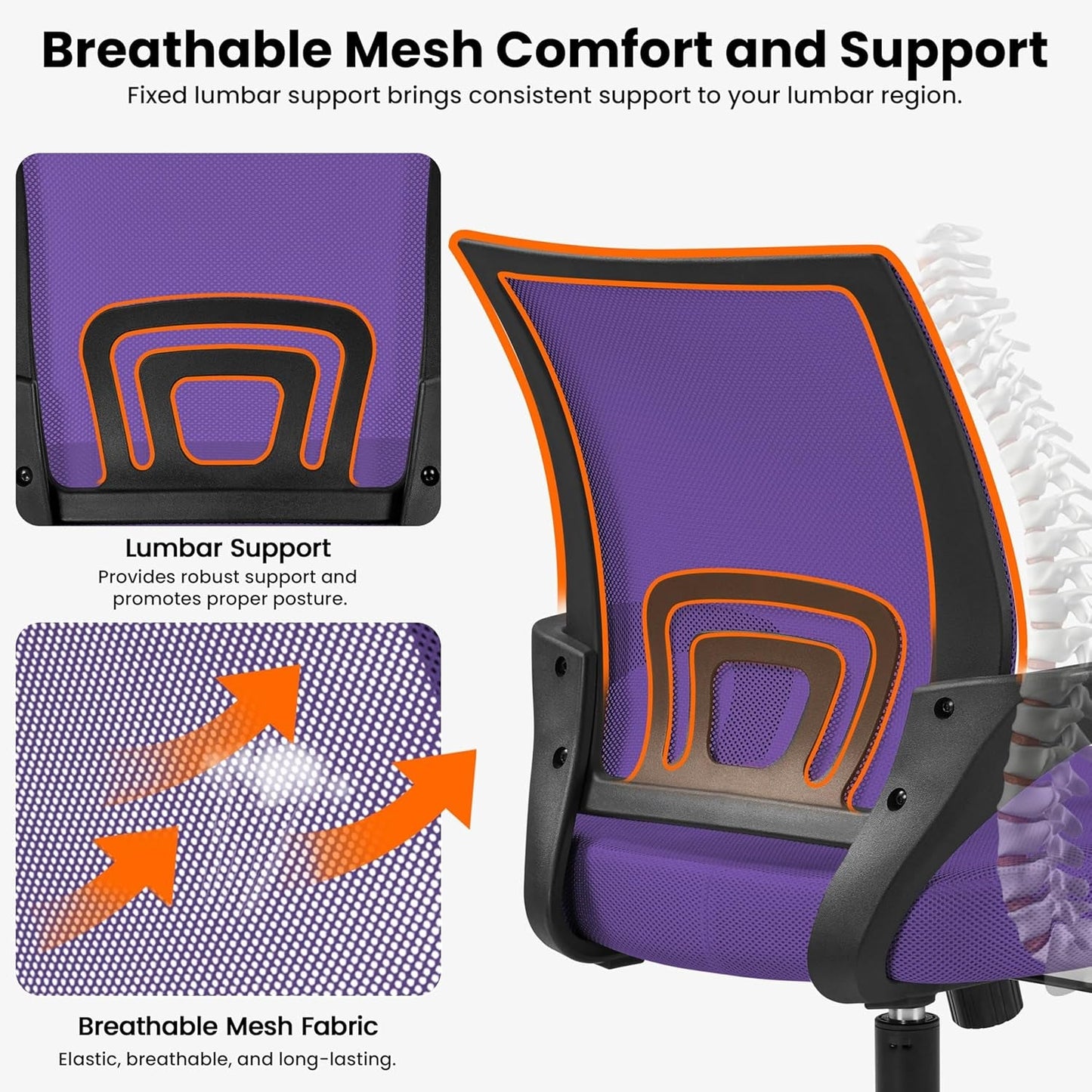 2Pcs Mesh Adjustable Desk Chairs, Ergonomic Executive Chairs with Lumbar Support for Back Pain Purple-4