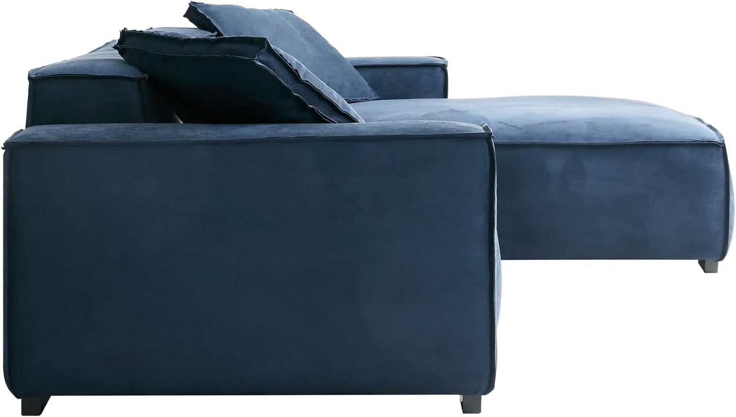 Modern L-Shaped Deep Sectional Sofa Furniture Set for Living Room Lounge, Minimalist Style Comfy Suedette Upholstery Corner Couch with Chaise, Dark Blue-4