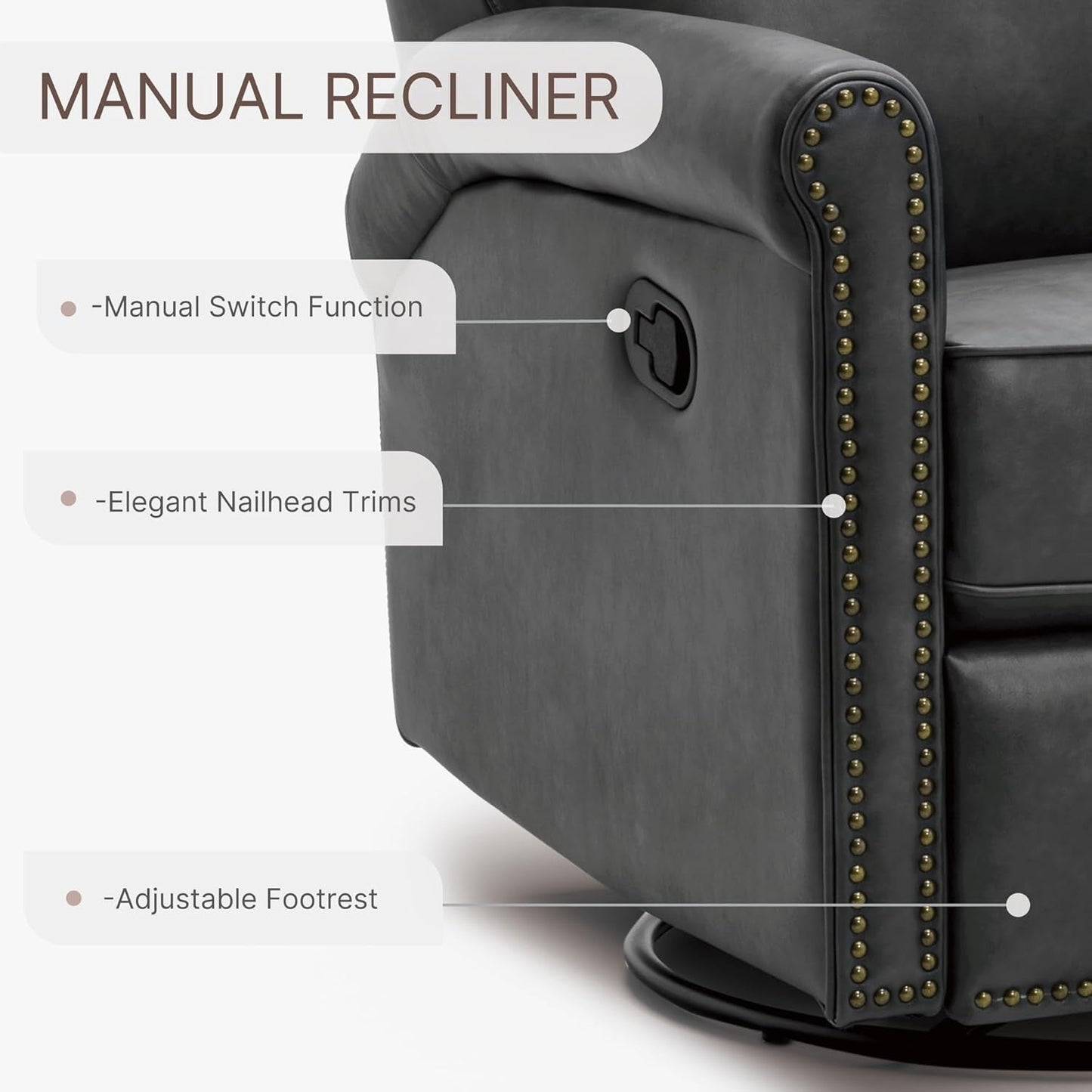 Large Leather Recliner Chair Faux Swivel Rocker for Adults Manual Sofa for Living Room Bedroom Home Theater Seating-4