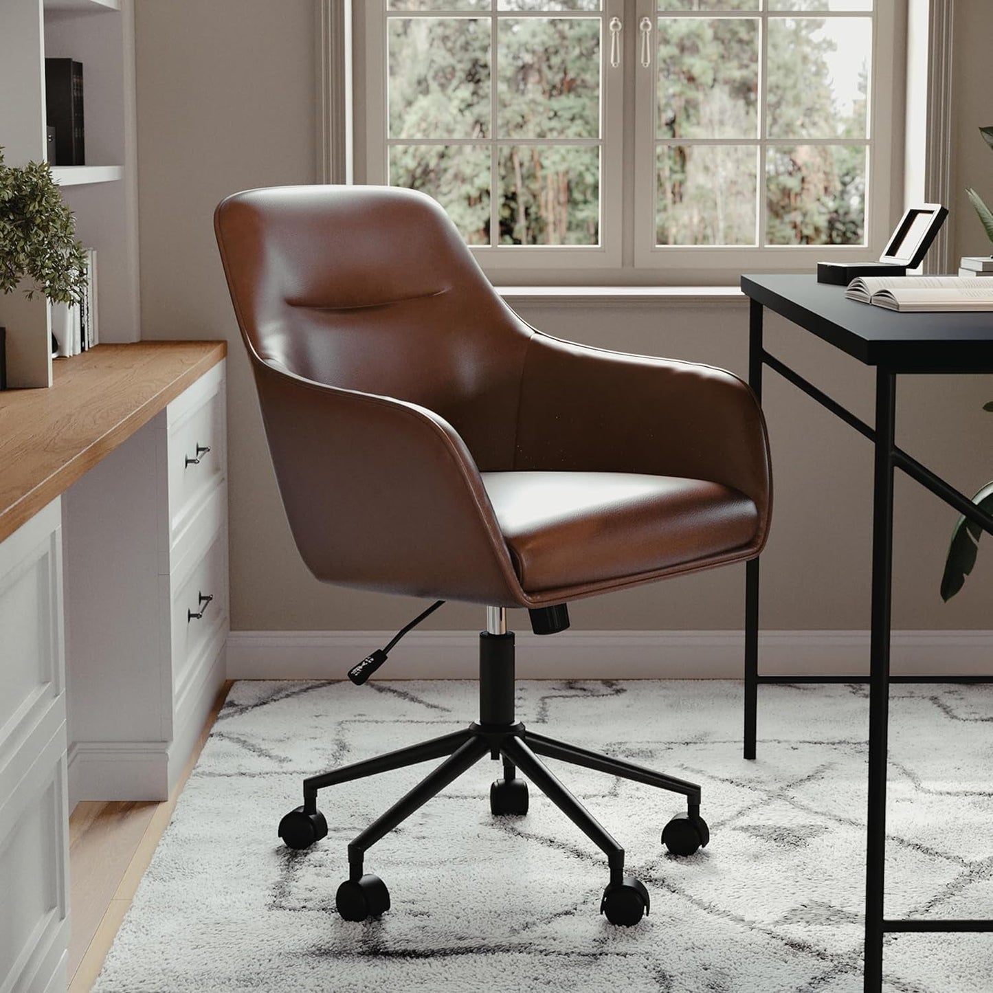Rayna Swivel Task Chair with Flared Arms for Home Office in Saddle Brown Faux Leather with Oil Rubbed Bronze Frame-3