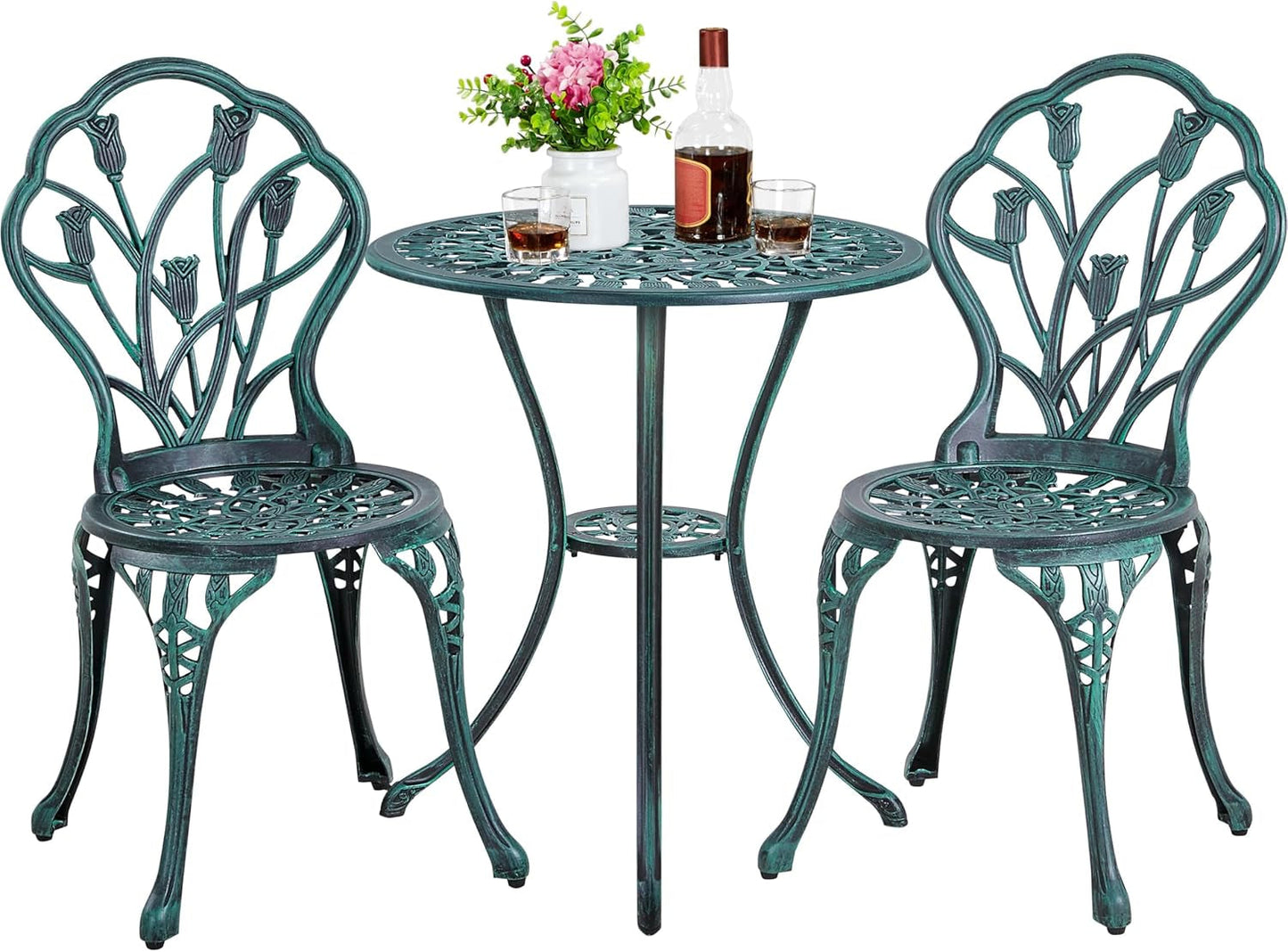 Patio Bistro Sets 3 Piece Cast Aluminum Bistro Table and Chairs Set, Cast Aluminum Bistro Table and Chairs Set of 2 with Umbrella Hole for Patio Backyard Balcony, Green-0