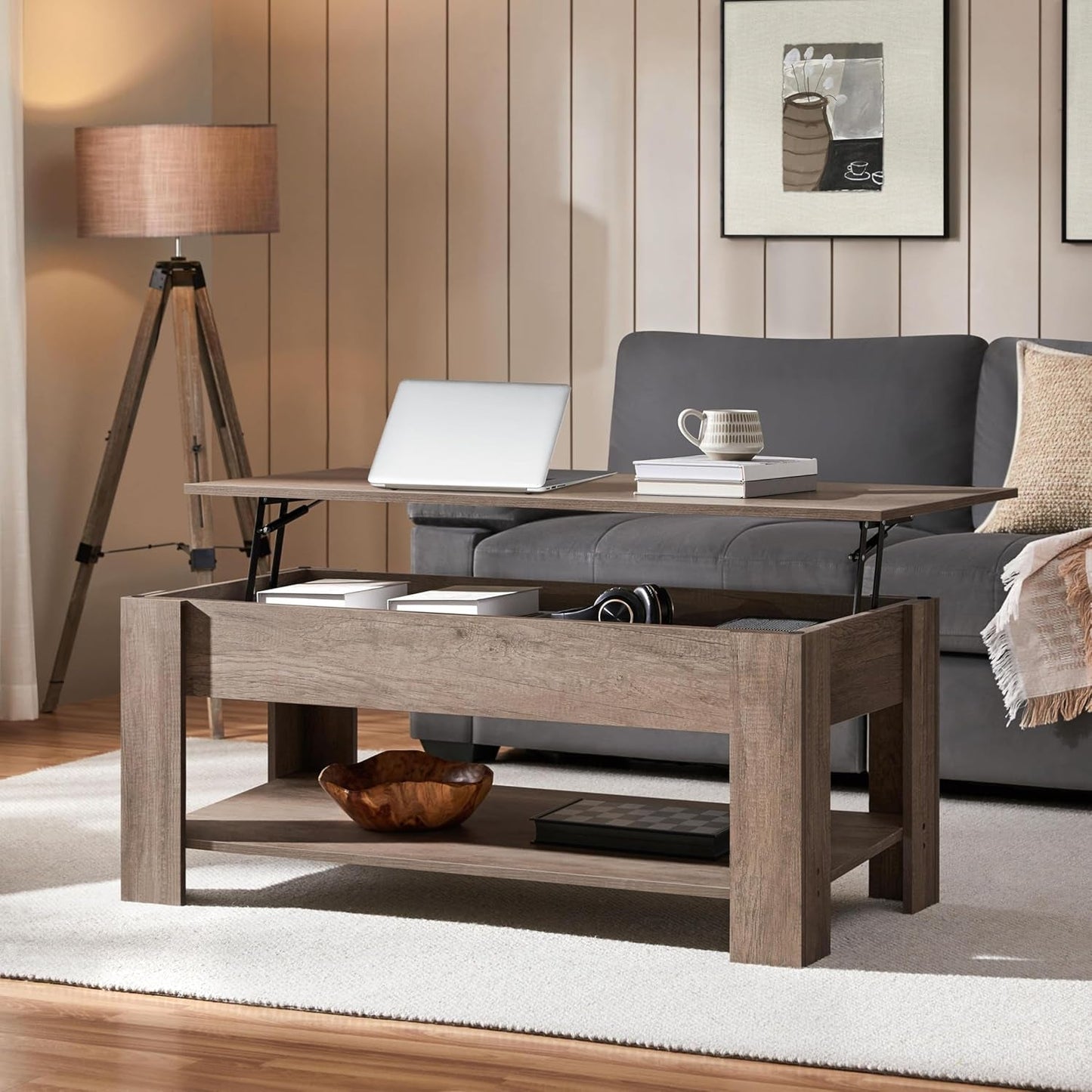 Lift Top Coffee Table with Hidden Compartment and Storage Shelf, Rising Tabletop Dining Table for Living Room Reception Room, 38.6In L, Grey-1