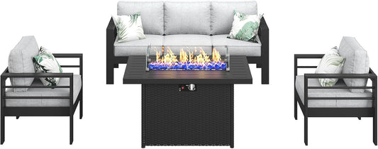 Aluminum Furniture Set with Fire Pit Table, 4 Pieces Patio Sectional Conversation Chat Sofa Modern Seating Set-1