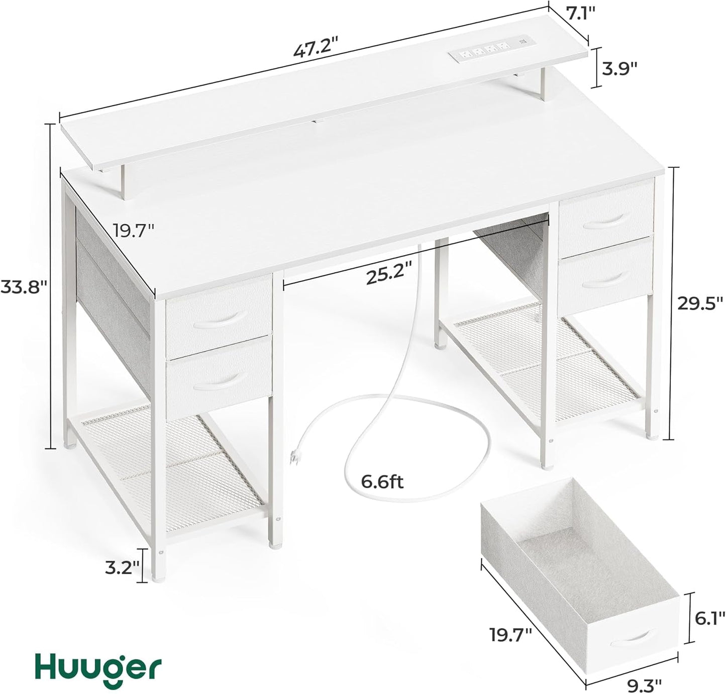 47 Inch Computer Desk with 4 Drawers, Gaming Desk with LED Lights & Power Outlets, Home Office Desk with Large Storage Space for Bedroom, Work from Home, White-1