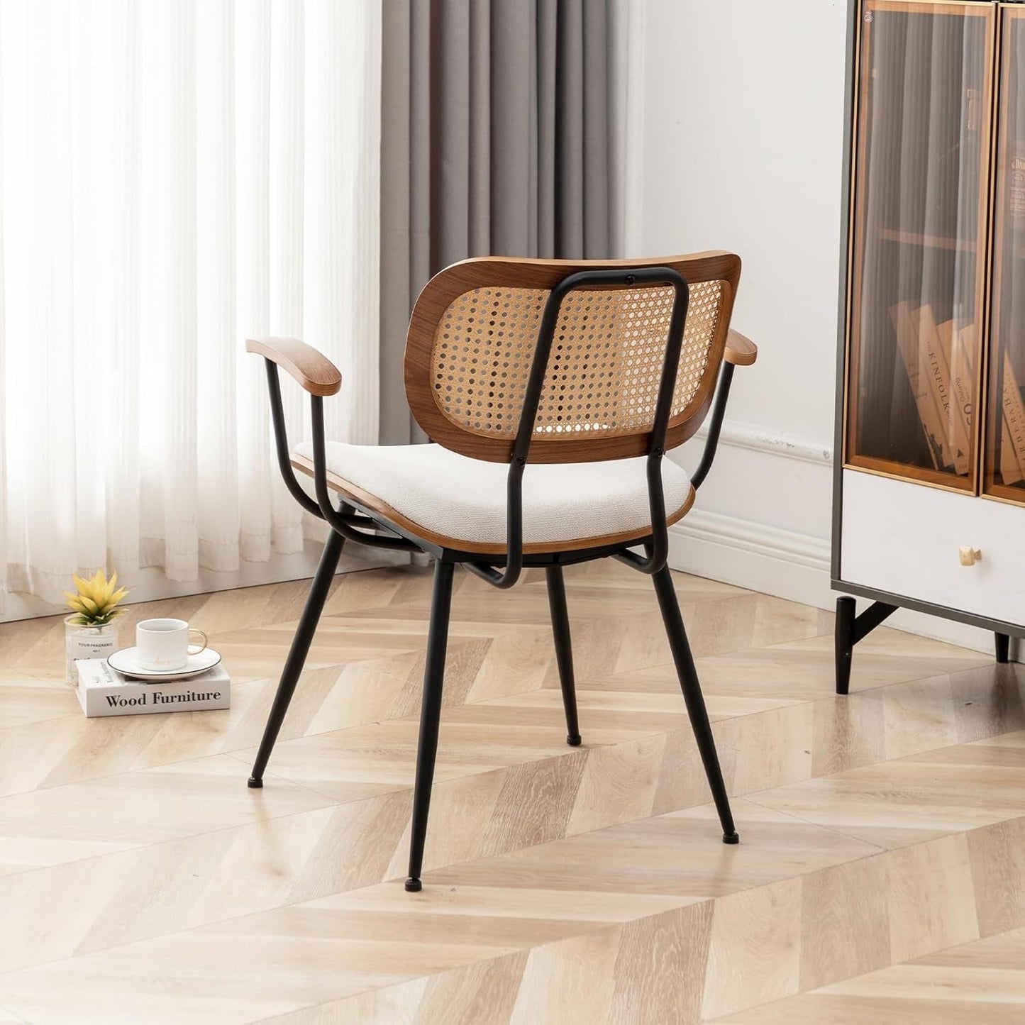 Rattan Dining Room Chairs Set of 2,Mid Century Modern Kitchen Side Chairs, Metal Legs Desk Chairs,Linen Fabric Accent Chairs with Arms and Rattan Backrest,Beige Fabric-3