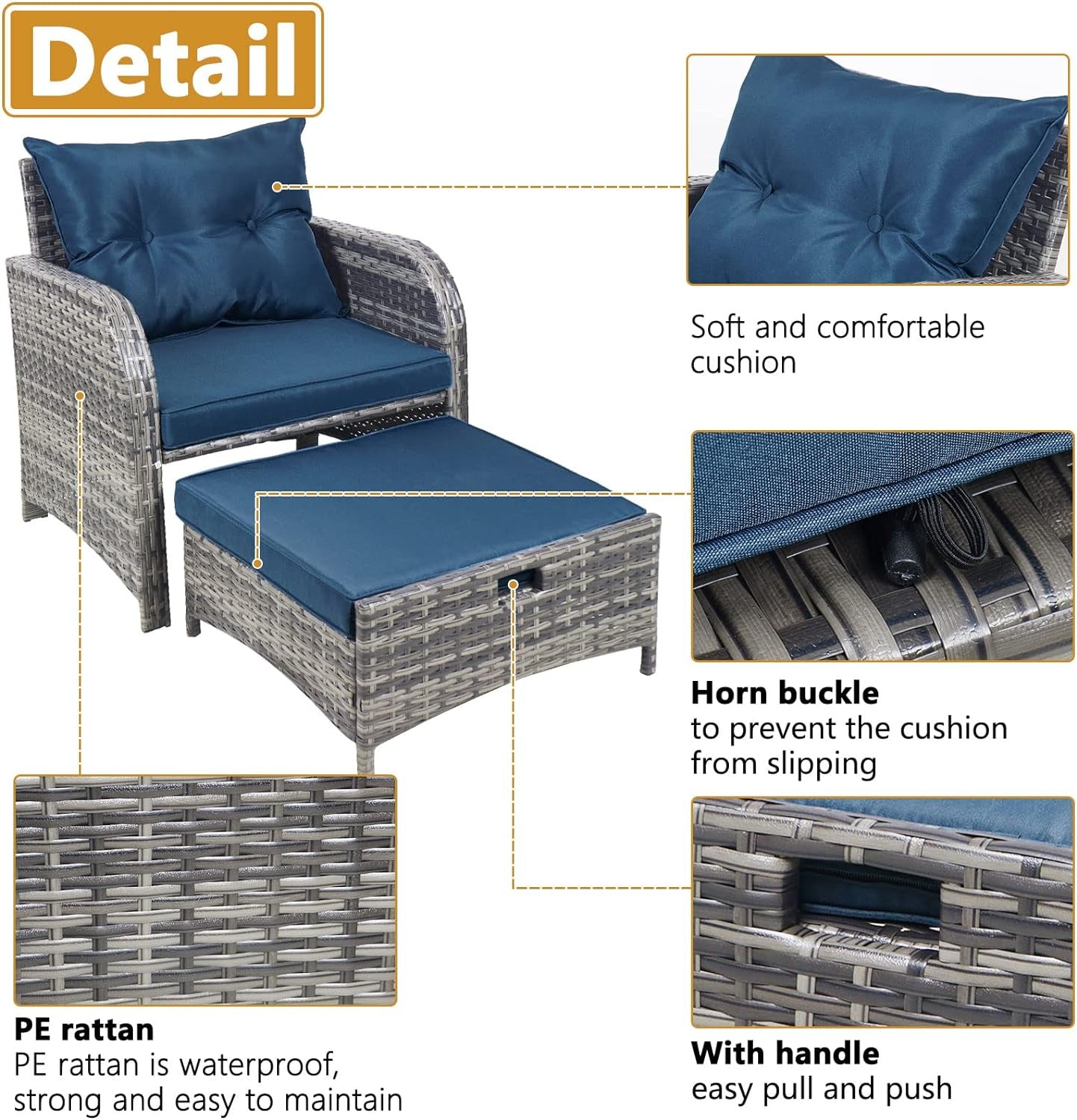 5 Pieces Wicker Outdoor Patio Chairs Set with Ottoman, All Weather PE Rattan Patio Conversation Furniture Set Outdoor Furniture Set with Hidden Ottoman for Poolside Garden Balcony, Blue-3