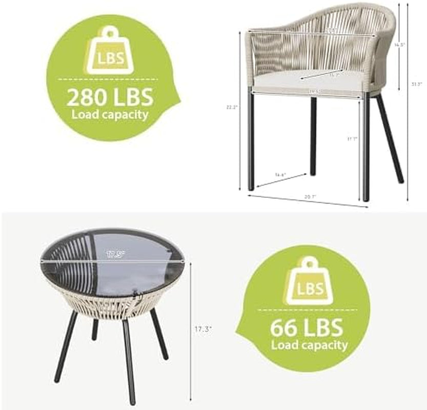 3 Piece Patio Set Outdoor Wicker Patio Chairs with Coffee Table & Cushions Bistro Conversation Set Porch Furniture for Patio, Balcony, Deck, Backyard-4