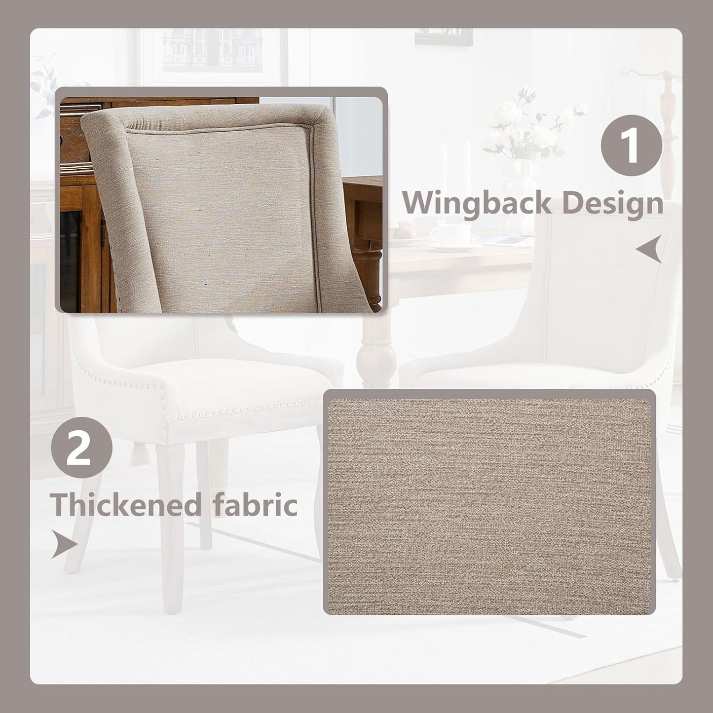 Modern Dining Chairs Set of 2, High Back Dining Chairs Side Chairs with Solid Wood Legs, Upholstered Fabric Dining Room Chairs for Dining Room Kitchen, Beige-4