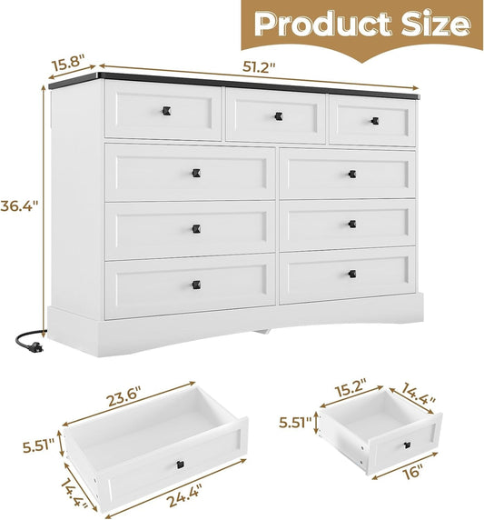 Dresser for Bedroom with 9 Drawers, 51.2" Large Dresser with Charging Station, Wide Farmhouse Dresser Chest of Drawers, Wooden Storage Tower Organizer, Dresser for Bedroom Closet, White/Black-1