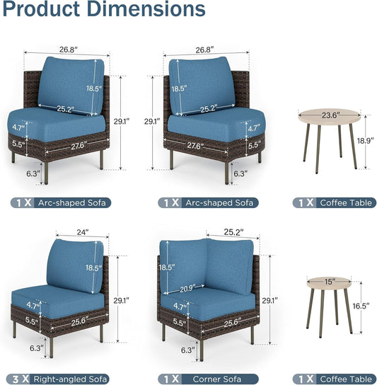 8 Pieces Patio Furniture Set All-Weather Outdoor Wicker Sectional Conversation Sofa Rattan Patio Seating Sofa with Cushion and 2 round Table for Balcony,Porch,Backyard,Deck,Garden-1