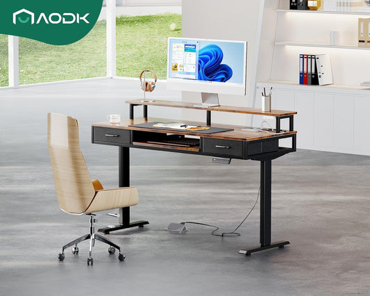 Electric Standing Desk with Drawers & Keyboard Tray, 55 Inch Height Adjustable Gaming Desk with Power Outlets & LED Lights, Sit Stand Table with Monitor Stand for Home, Office, Rustic Brown-1