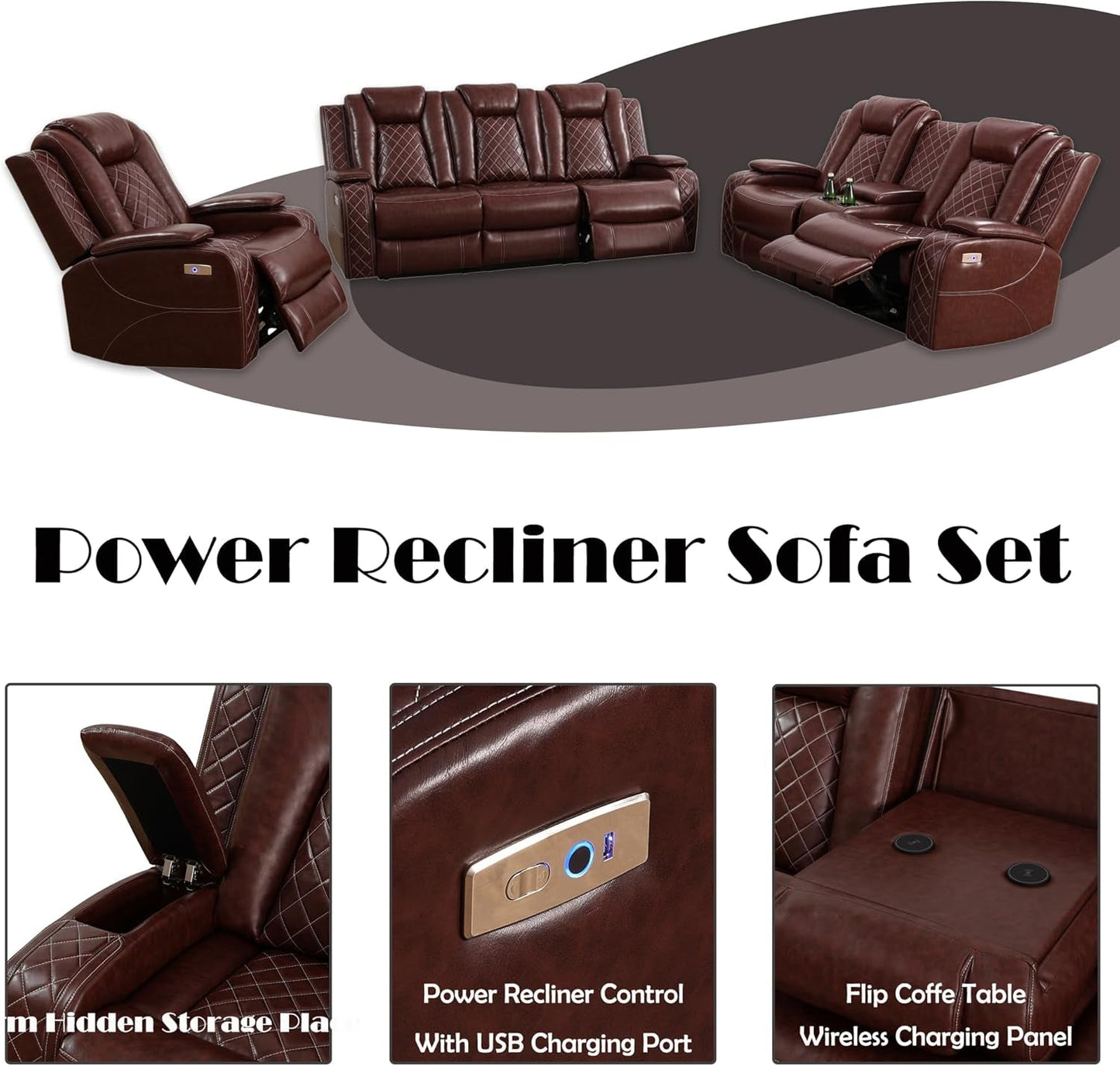 Power Recliner Sofa Set with LED, Leather Reclining Sofa Set, Living Room Furniture Set with USB Charging (3 Pieces Leather Couch Set, Garnet)-2