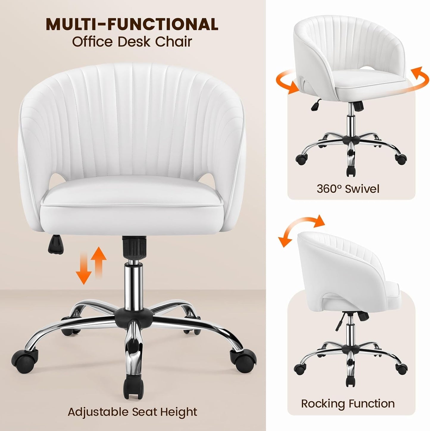 Home Office Chair, Faux Leather Desk Chair, Modern Swivel Chair with Tufted Barrel Back, Rolling Wheels for Office,Study, Vanity, Bedroom White-2