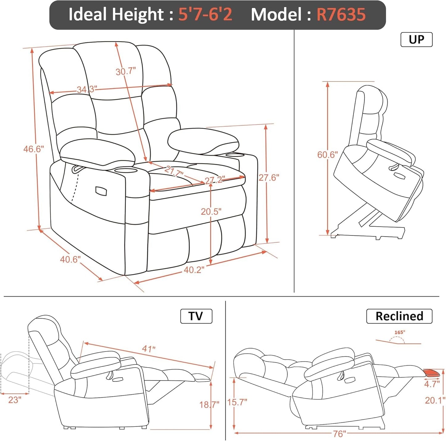 Dual Motor Power Lift Recliner Chair with Massage and Dual Heating, Adjustable Headrest for Big and Tall Elderly People, Faux Leather R7635 (Dark Grey, Large-Wide)-2
